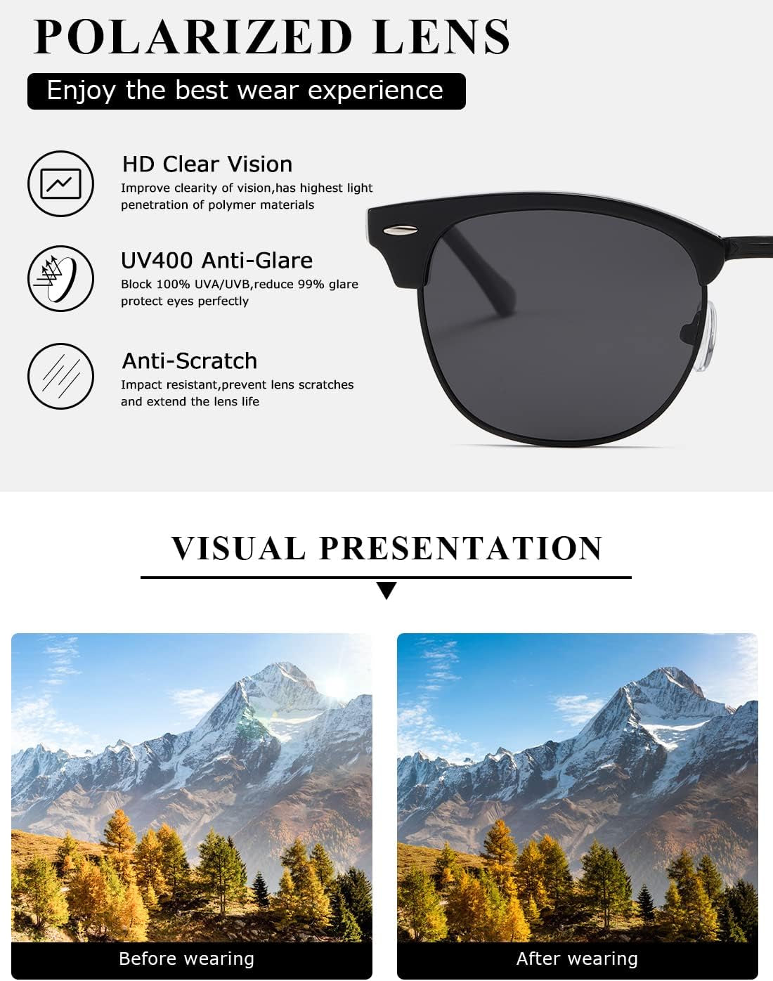 Polarized Sunglasses for Women and Men Semi Rimless Frame Retro Sun Glasses AE0369