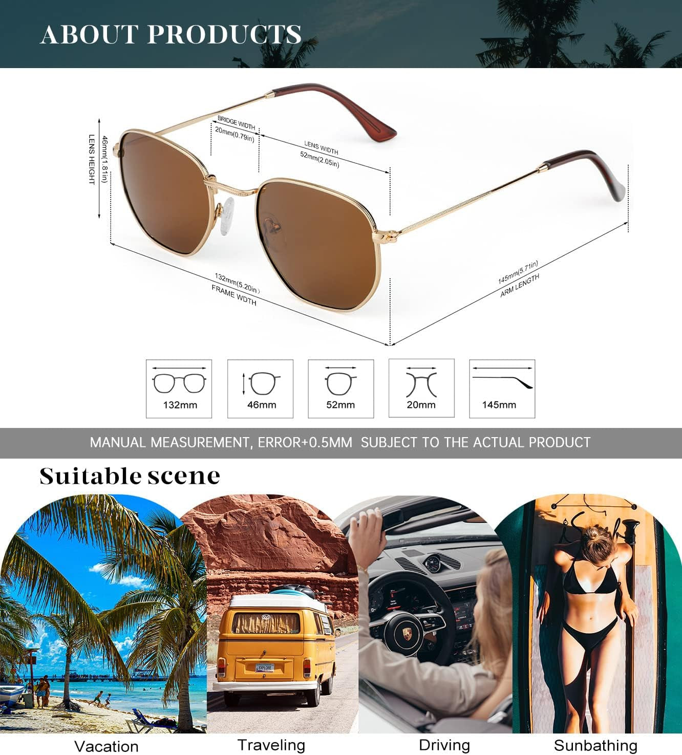 Sunglasses for Women and Men, Polarized Square UV Protection, Trendy Metal Frame Hexagon Sunglasses