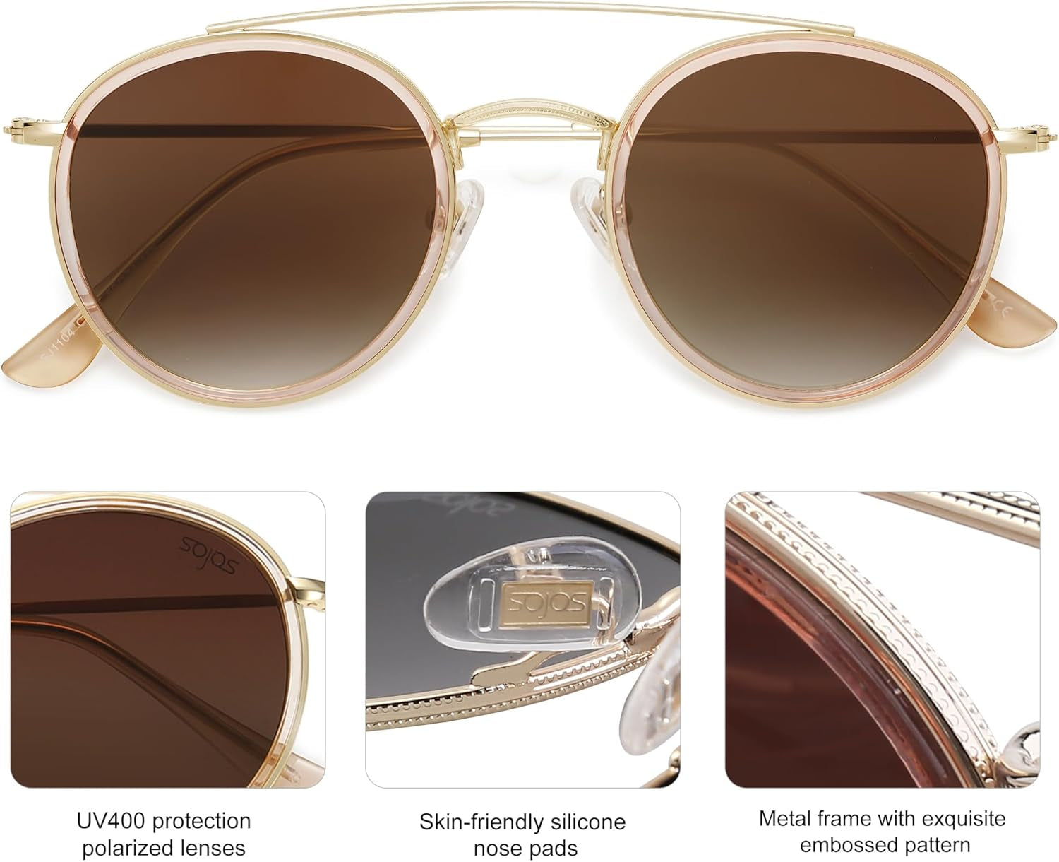 Retro Vintage round Polarized Sunglasses for Women Men Small Double Bridge Circle Sunnies SJ1104 - WORLD TIME VISITS