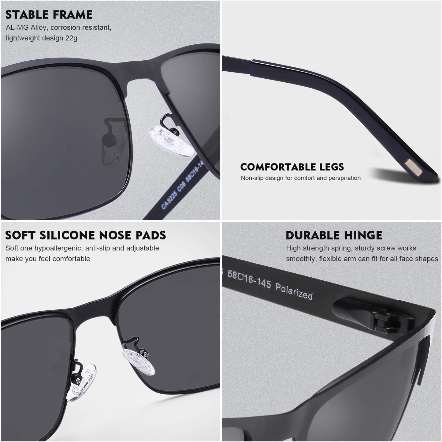 Metal Mens Sunglasses Polarized UV400 Protection for Driving Fishing Hiking Golf Everyday Use CA5225 - WORLD TIME VISITS