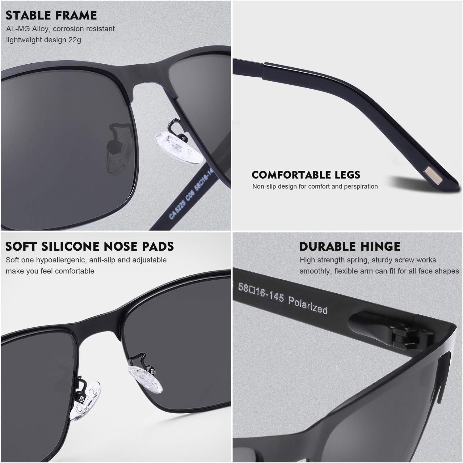 Metal Mens Sunglasses Polarized UV400 Protection for Driving Fishing Hiking Golf Everyday Use CA5225 - WORLD TIME VISITS