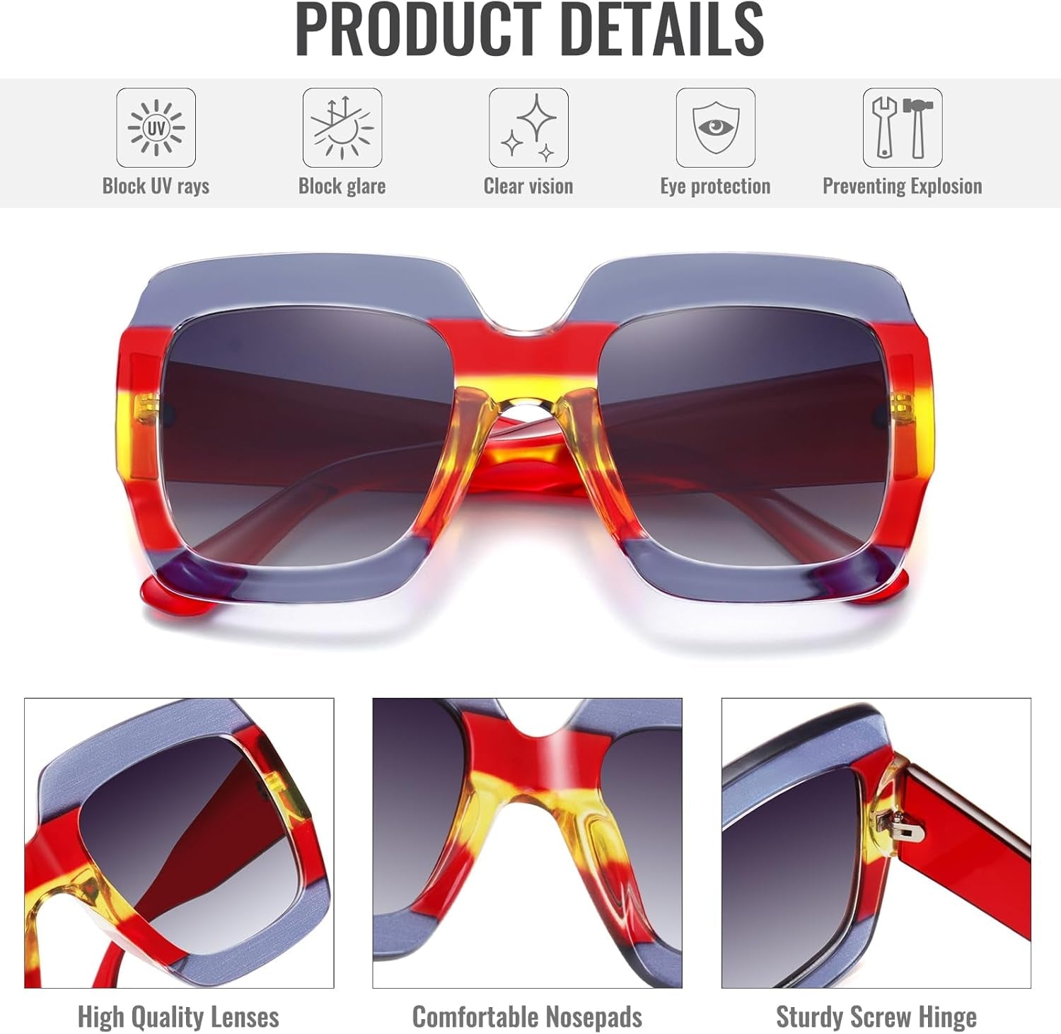 Oversized Square Sunglasses Womens Retro Shades Luxury Big Sun Glasses UV400 Protection S0178 - WORLD TIME VISITS