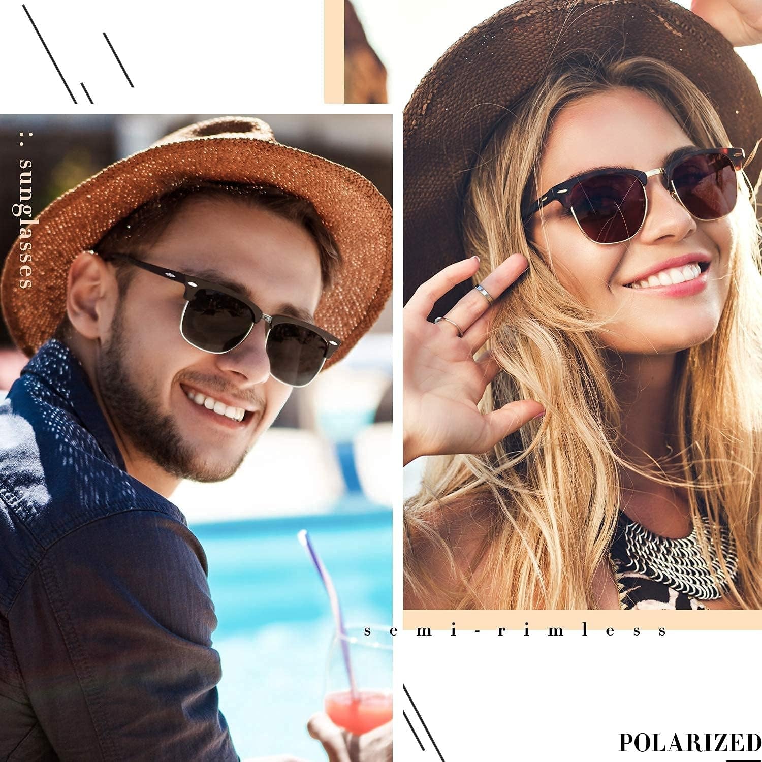 Polarized Semi Rimless Sunglasses for Men Women, Classic Retro Shades Half Frame Driving Sun Glasses UV Protection - WORLD TIME VISITS