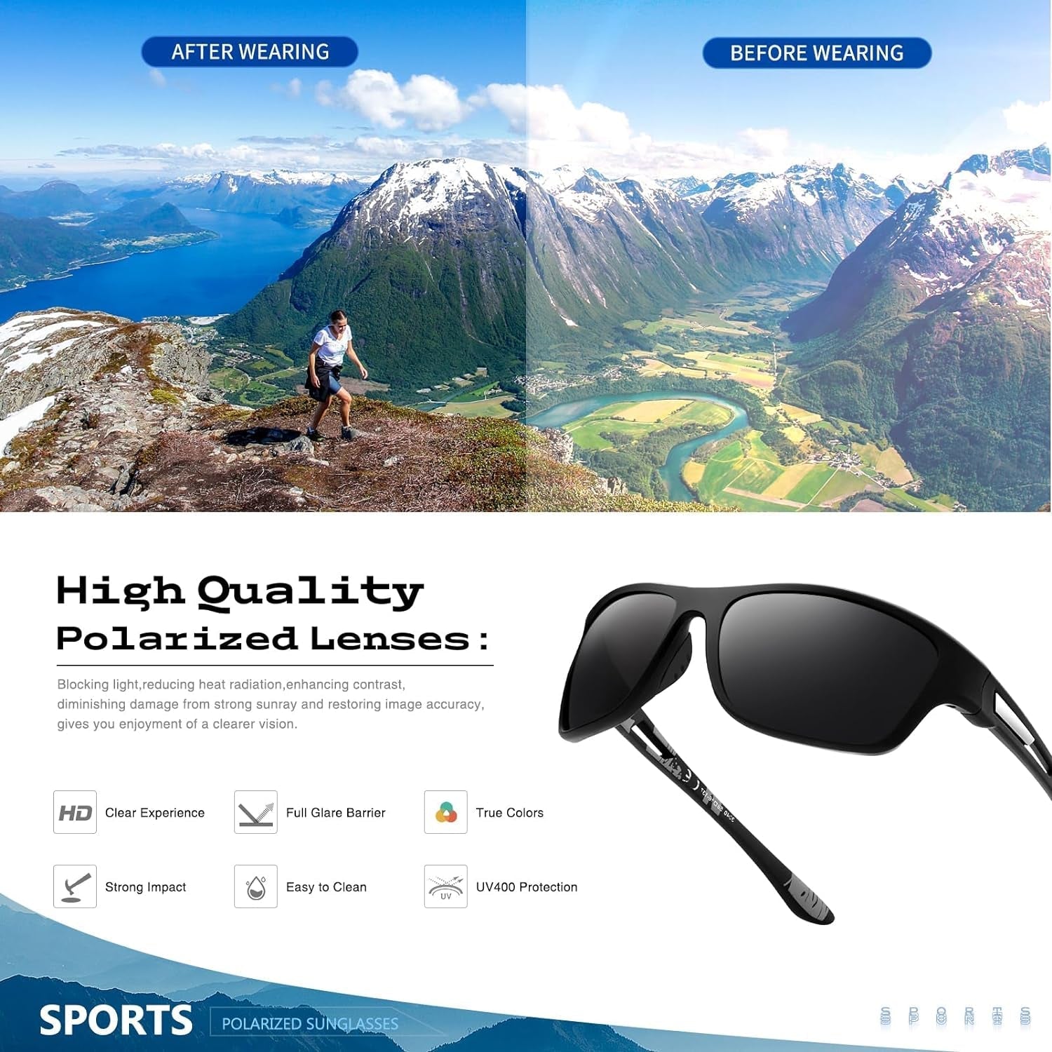Polarized Sports Sunglasses for Men: UV400 Protection Glasses Womens Wrap around Goggles for Driving Fishing - WORLD TIME VISITS