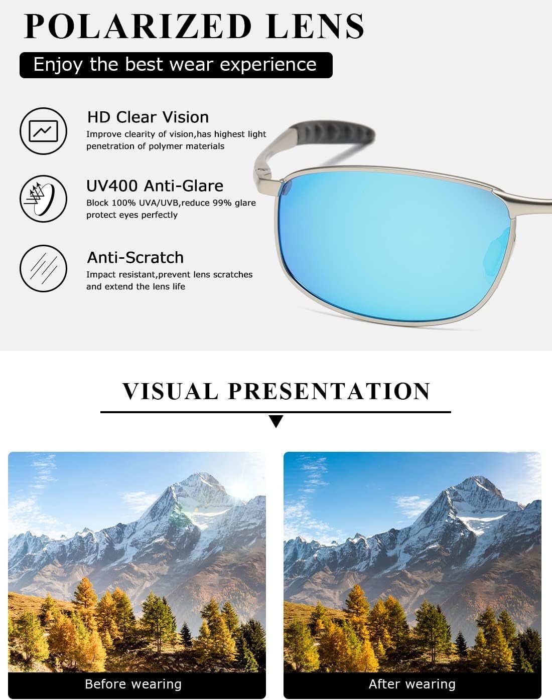 Polarized Sunglasses for Men Rectangle Metal Frame Retro Sun Glasses AE0395 - WORLD TIME VISITS