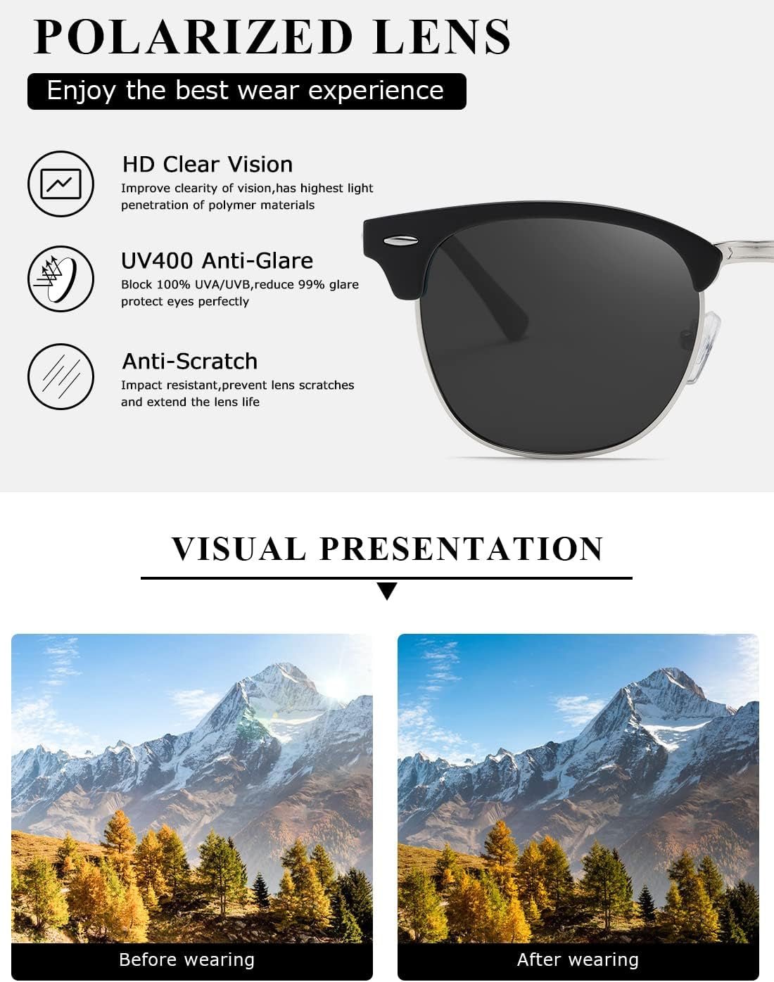Polarized Sunglasses for Women and Men Semi Rimless Frame Retro Sun Glasses AE0369 - WORLD TIME VISITS