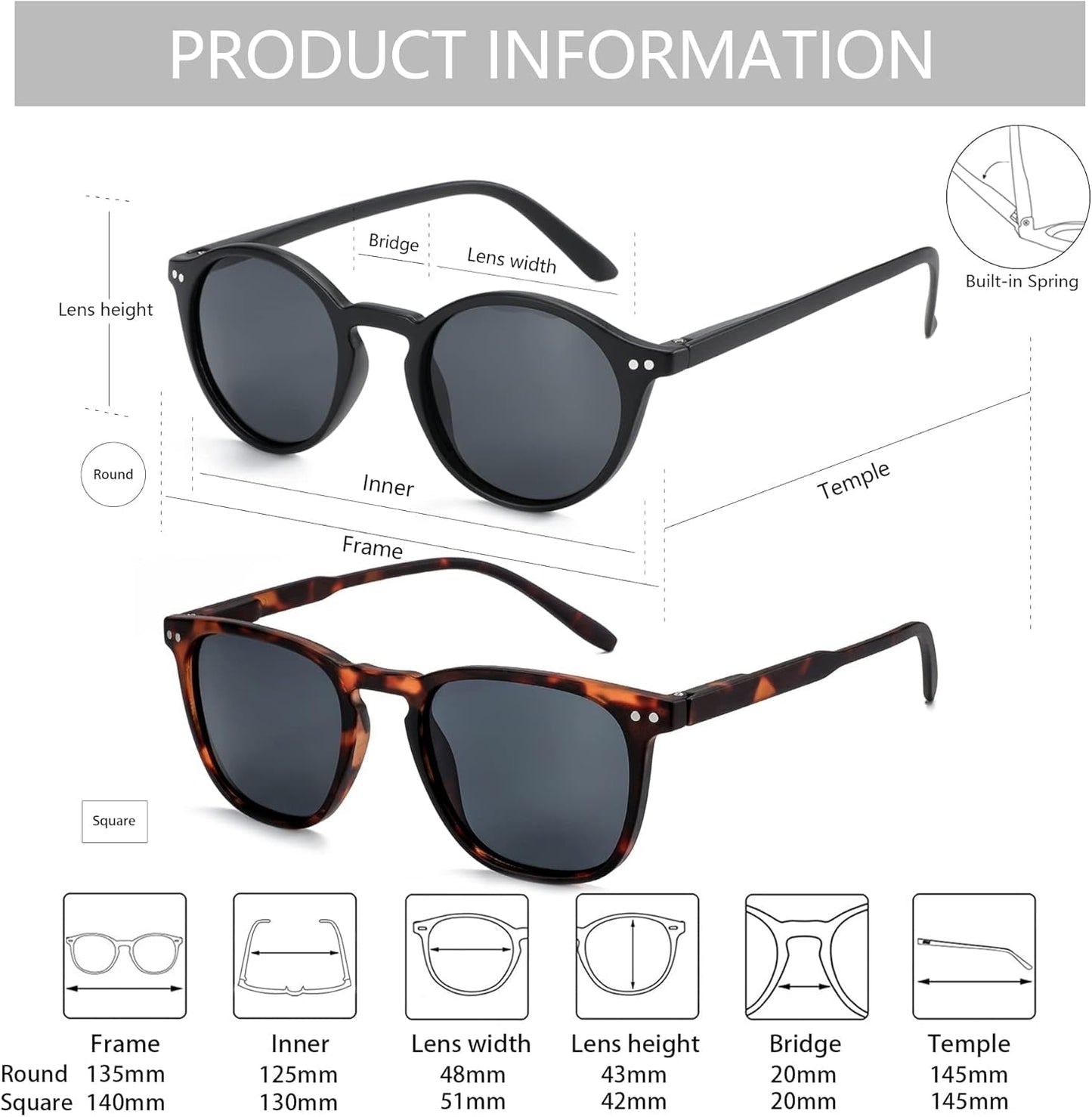 Polarized Sunglasses for Women Men: Retro Shades round | Square Frame UV Protection 2 Pack - WORLD TIME VISITS