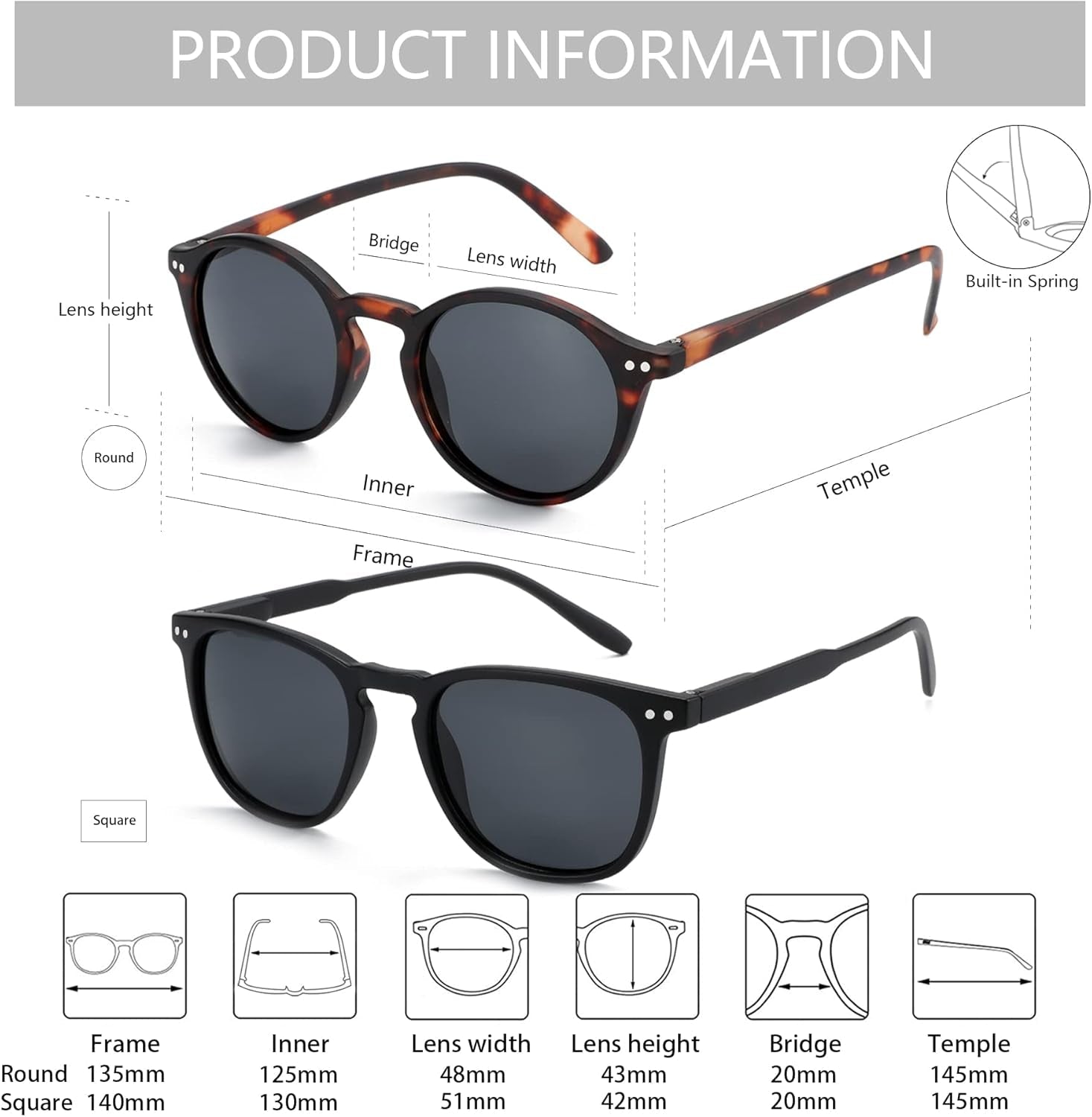 Polarized Sunglasses for Women Men: Retro Shades round | Square Frame UV Protection 2 Pack - WORLD TIME VISITS