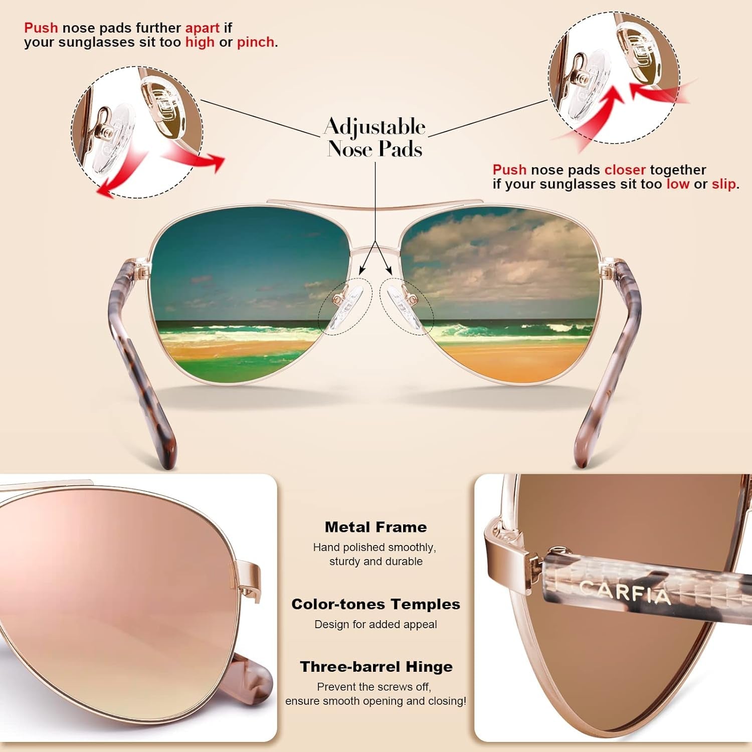 Polarized Sunglasses for Women UV Protection Acetate Arms Metal Frame Woman'S Shades CA3216 - WORLD TIME VISITS