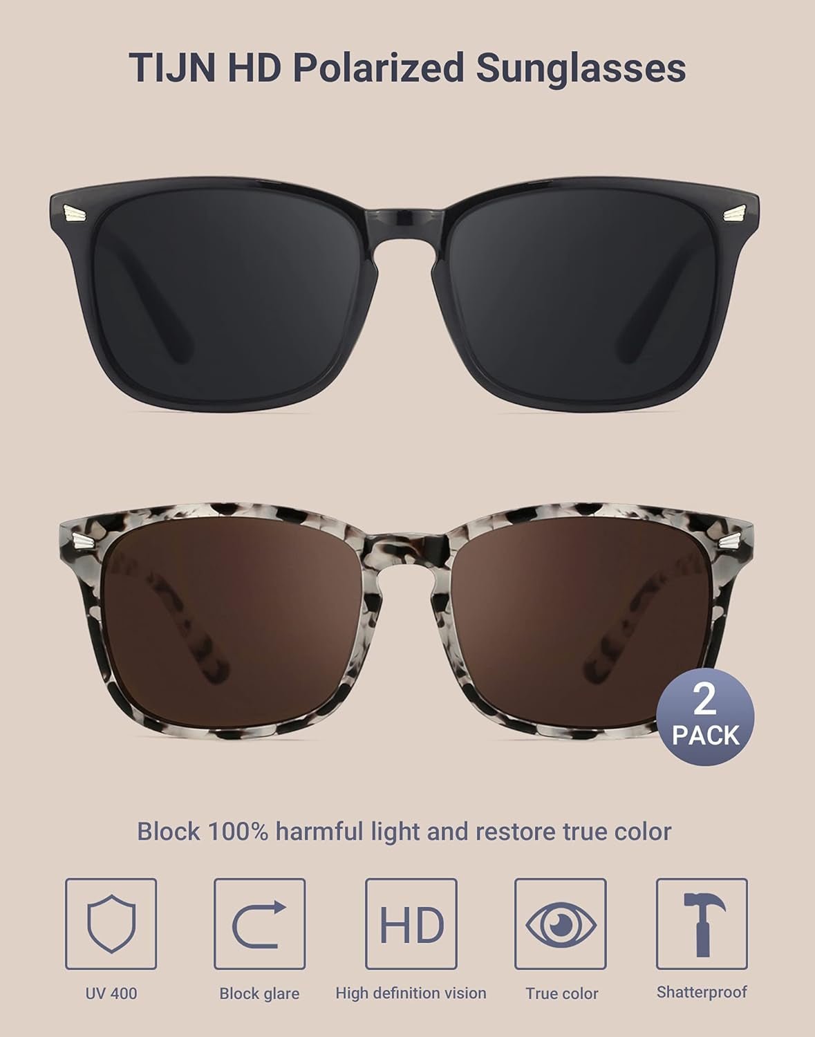 Polarized Sunglasses for Womens and Mens,Classic Square Frames Shades for UV Protection, Stylish and Trendy Sunnies - WORLD TIME VISITS