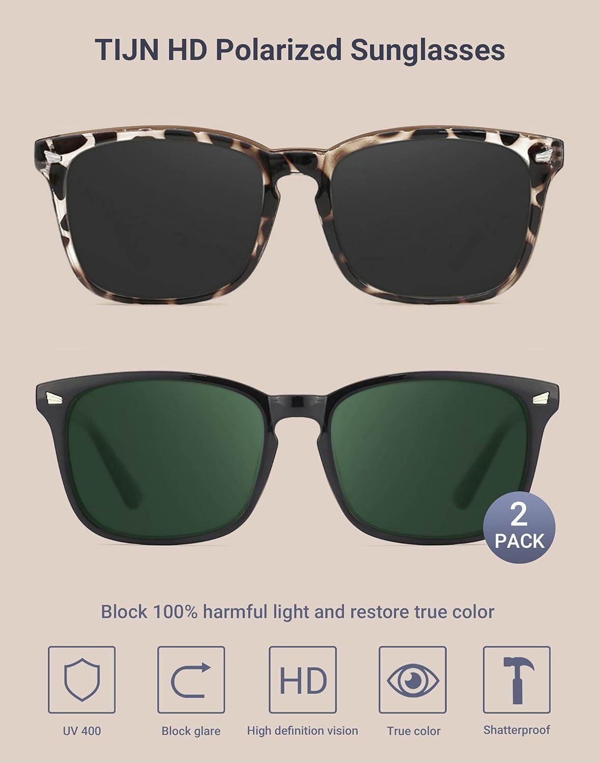 Polarized Sunglasses for Womens and Mens,Classic Square Frames Shades for UV Protection, Stylish and Trendy Sunnies - WORLD TIME VISITS