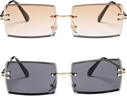 Rectangle Sunglasses for Men/Women Small Rimless Square Shade Eyewear - WORLD TIME VISITS
