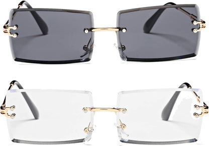 Rectangle Sunglasses for Men/Women Small Rimless Square Shade Eyewear - WORLD TIME VISITS