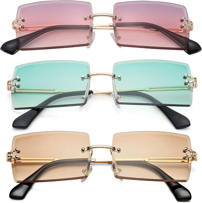 Rectangle Sunglasses for Men/Women Small Rimless Square Shade Eyewear - WORLD TIME VISITS