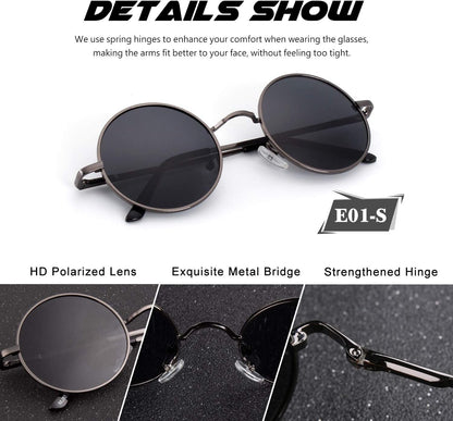 Retro round Polarized Sunglasses Mens Womens Circle Metal Hippie Shades UV400 Protection E01 - WORLD TIME VISITS