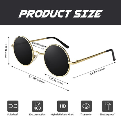 Retro round Polarized Sunglasses Mens Womens Circle Metal Hippie Shades UV400 Protection E01 - WORLD TIME VISITS