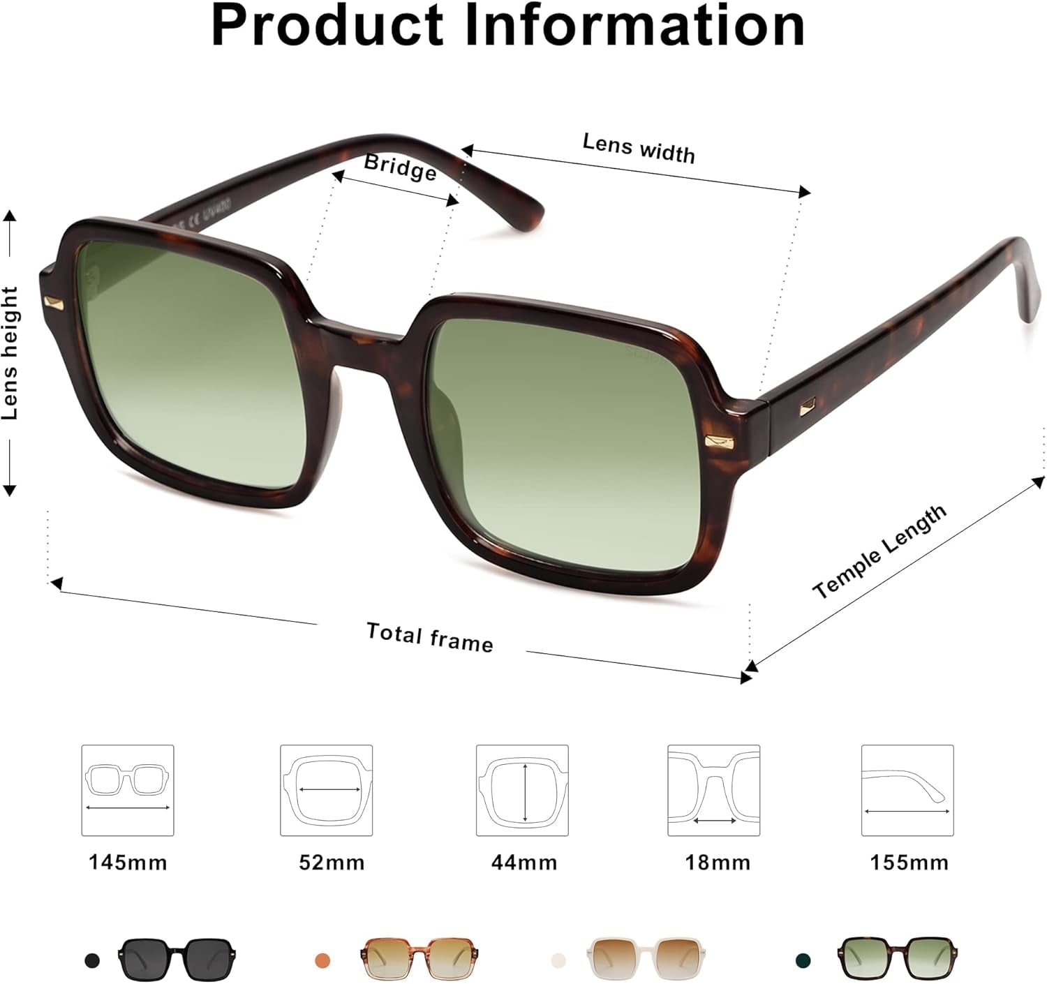 Retro Square Polarized Sunglasses for Women Men Classic Trendy Sunnies SJ2226, Dark Tortoise/Green - WORLD TIME VISITS