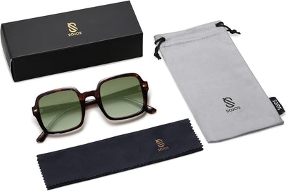 Retro Square Polarized Sunglasses for Women Men Classic Trendy Sunnies SJ2226, Dark Tortoise/Green - WORLD TIME VISITS