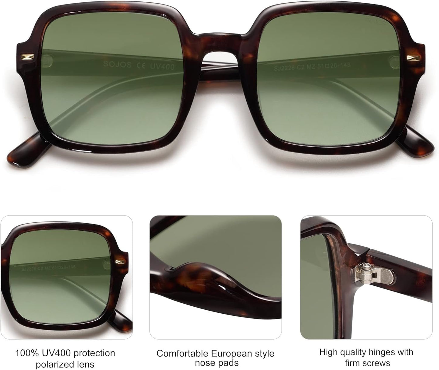 Retro Square Polarized Sunglasses for Women Men Classic Trendy Sunnies SJ2226, Dark Tortoise/Green - WORLD TIME VISITS