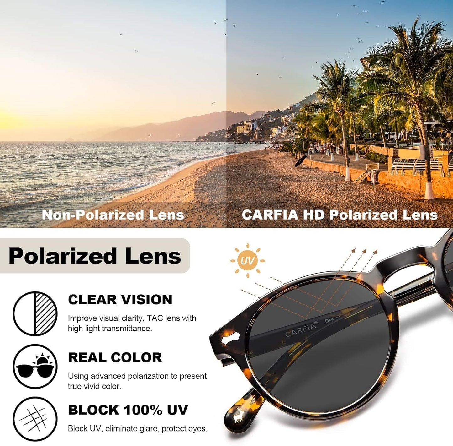 round Acetate Polarized Sunglasses for Women Small Face UV Protection with Leather Case CA5288 - WORLD TIME VISITS