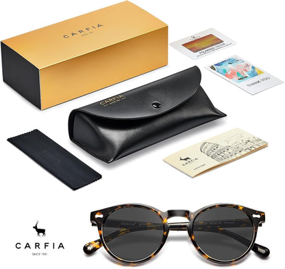 round Acetate Polarized Sunglasses for Women Small Face UV Protection with Leather Case CA5288 - WORLD TIME VISITS