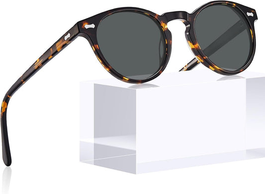 round Acetate Polarized Sunglasses for Women Small Face UV Protection with Leather Case CA5288 - WORLD TIME VISITS