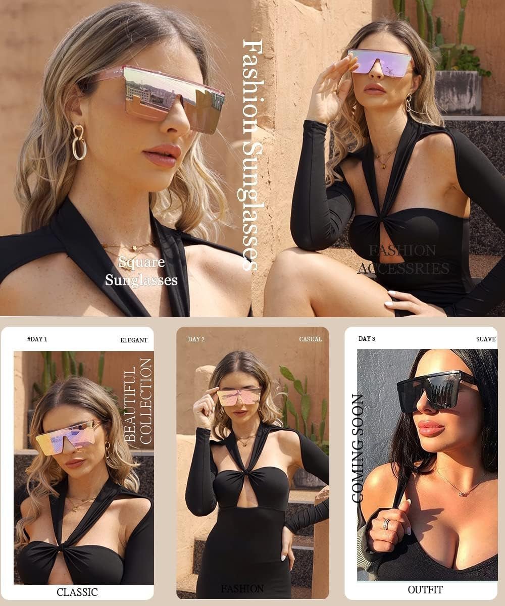Square Oversized Sunglasses for Women Men Fashion Flat Top Big Black Frame Shades - WORLD TIME VISITS