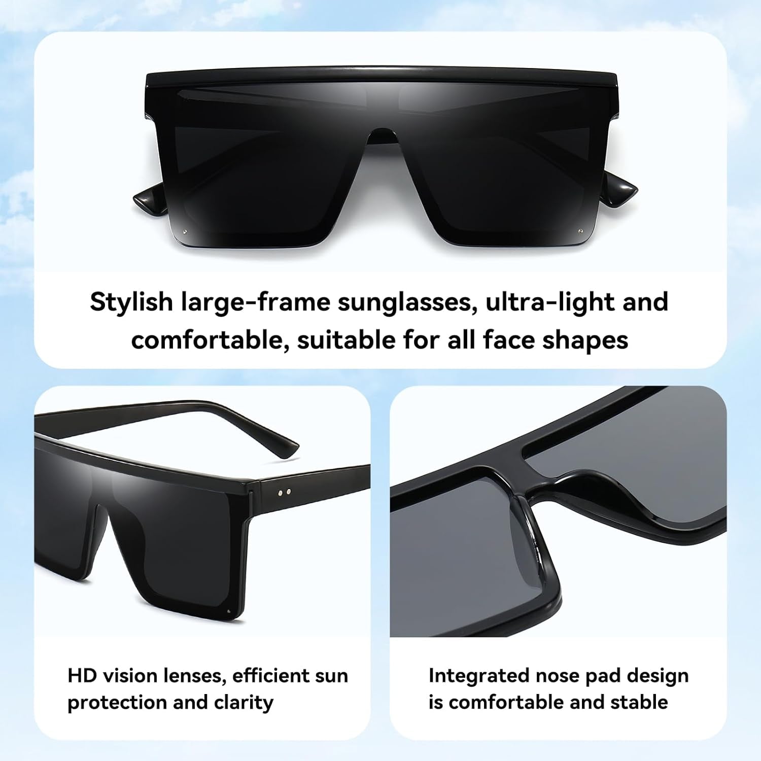 Square Oversized Sunglasses for Women Men Fashion Flat Top Big Black Frame Shades - WORLD TIME VISITS