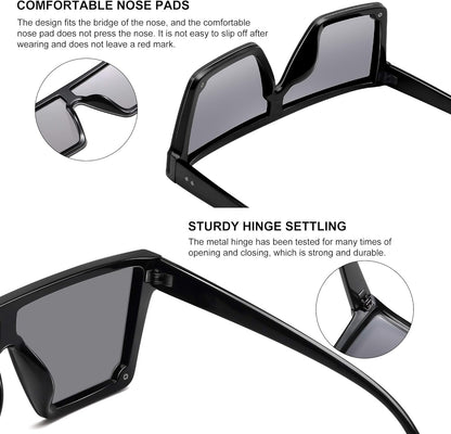 Square Sunglasses for Women Men Fashion Big Frame Flat Top Sun Glasses Mirror Lens - WORLD TIME VISITS