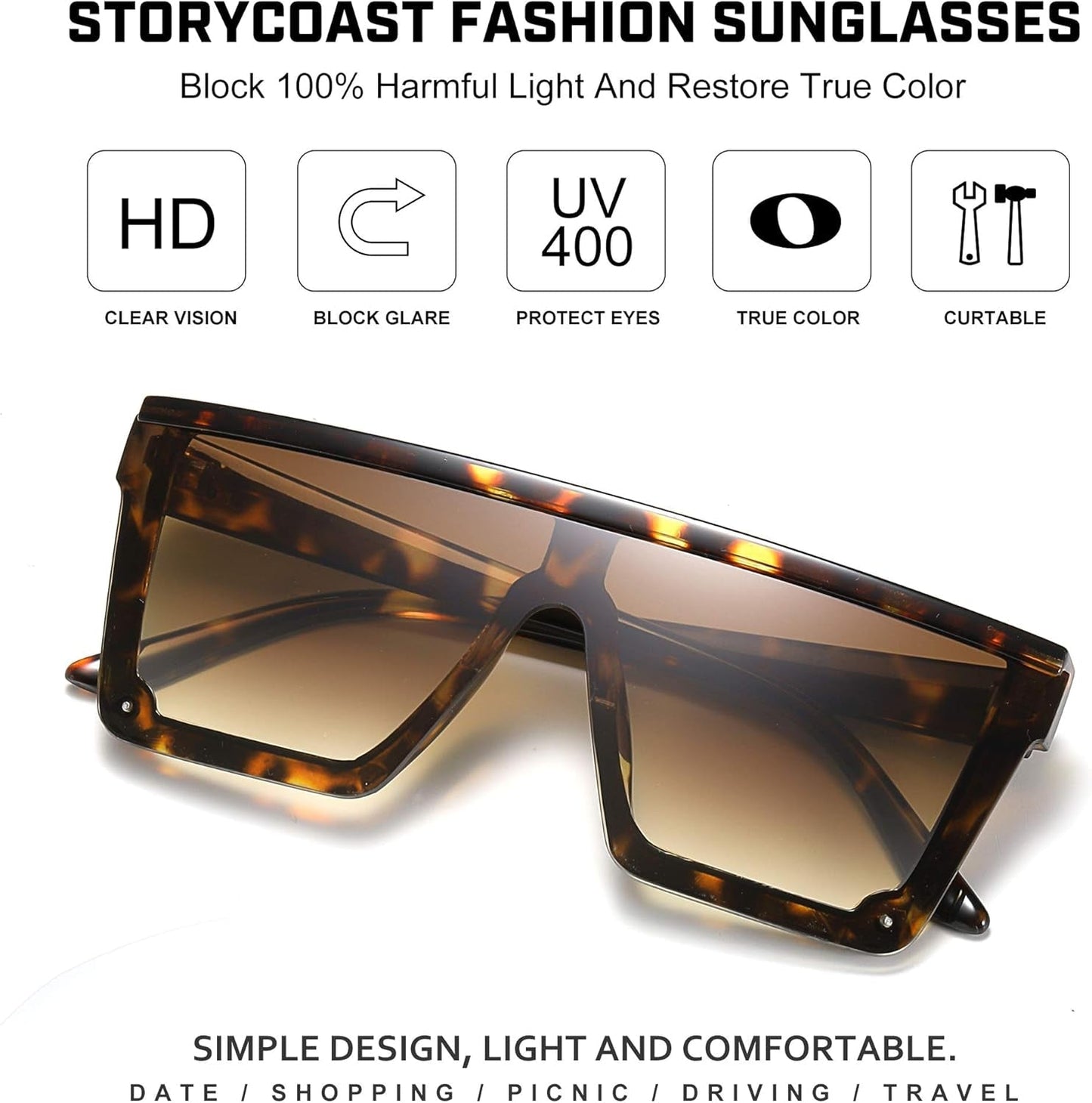 Square Sunglasses for Women Men Fashion Big Frame Flat Top Sun Glasses Mirror Lens - WORLD TIME VISITS
