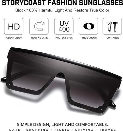 Square Sunglasses for Women Men Fashion Big Frame Flat Top Sun Glasses Mirror Lens - WORLD TIME VISITS