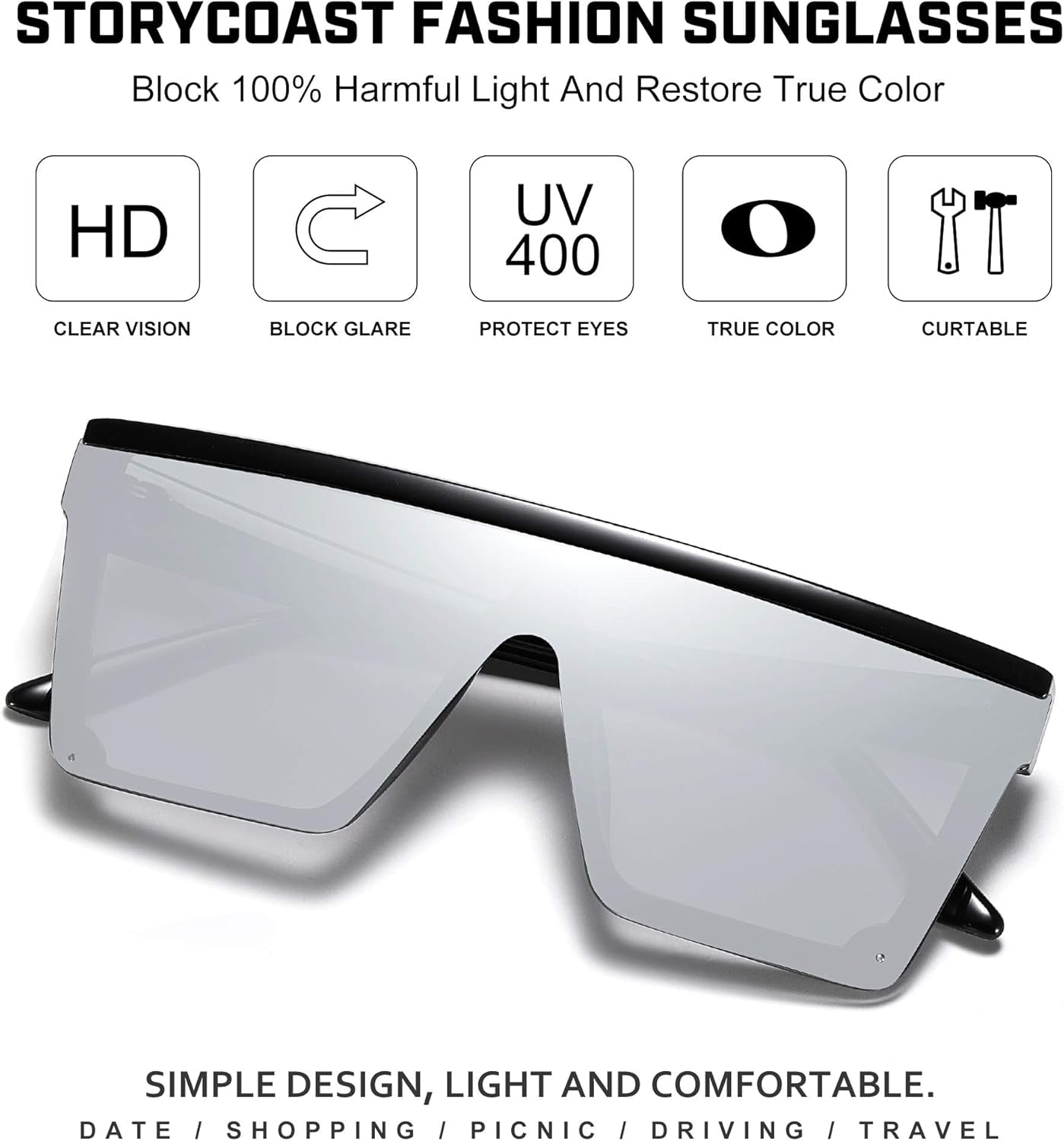 Square Sunglasses for Women Men Fashion Big Frame Flat Top Sun Glasses Mirror Lens - WORLD TIME VISITS