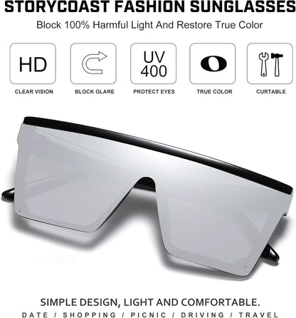 Square Sunglasses for Women Men Fashion Big Frame Flat Top Sun Glasses Mirror Lens - WORLD TIME VISITS