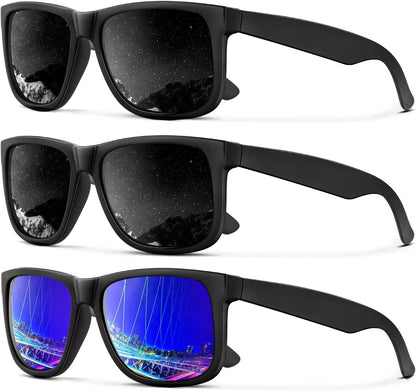 Sunglasses Men Polarized Sun Glasses for Mens Womens Classic Matte Black Frame UV Protection 3Pack - WORLD TIME VISITS
