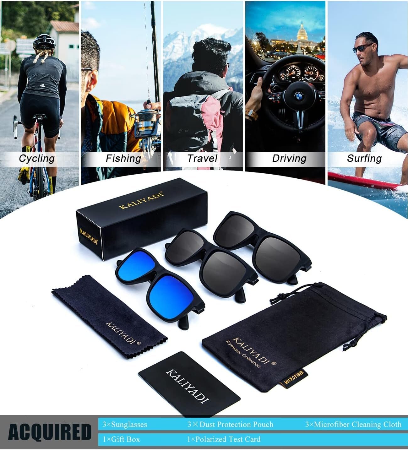 Sunglasses Men Polarized Sun Glasses for Mens Womens Classic Matte Black Frame UV Protection 3Pack - WORLD TIME VISITS