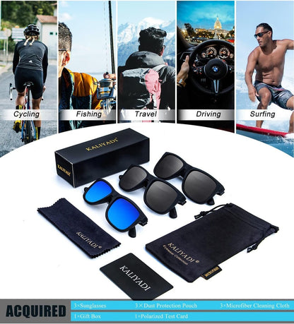 Sunglasses Men Polarized Sun Glasses for Mens Womens Classic Matte Black Frame UV Protection 3Pack - WORLD TIME VISITS