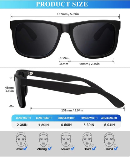 Sunglasses Men Polarized Sun Glasses for Mens Womens Classic Matte Black Frame UV Protection 3Pack - WORLD TIME VISITS