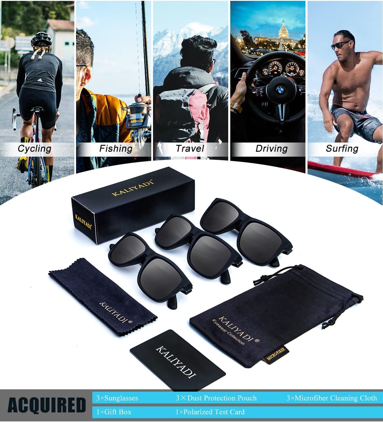 Sunglasses Men Polarized Sun Glasses for Mens Womens Classic Matte Black Frame UV Protection 3Pack - WORLD TIME VISITS