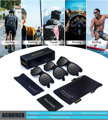 Sunglasses Men Polarized Sun Glasses for Mens Womens Classic Matte Black Frame UV Protection 3Pack - WORLD TIME VISITS