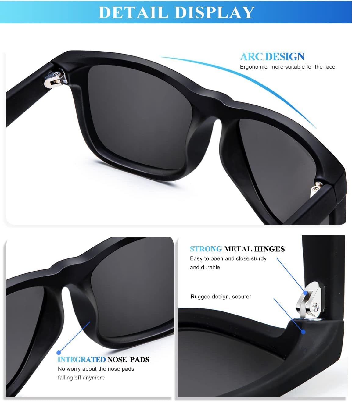 Sunglasses Men Polarized Sun Glasses for Mens Womens Classic Matte Black Frame UV Protection 3Pack - WORLD TIME VISITS