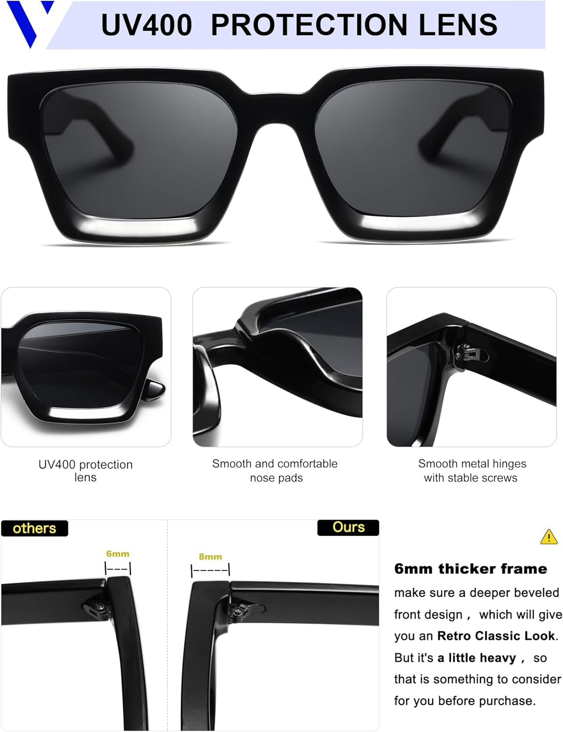 Thick Square Sunglasses for Men Women Retro Chunky Rectangle Shades UV400 Protection VL9731 - WORLD TIME VISITS