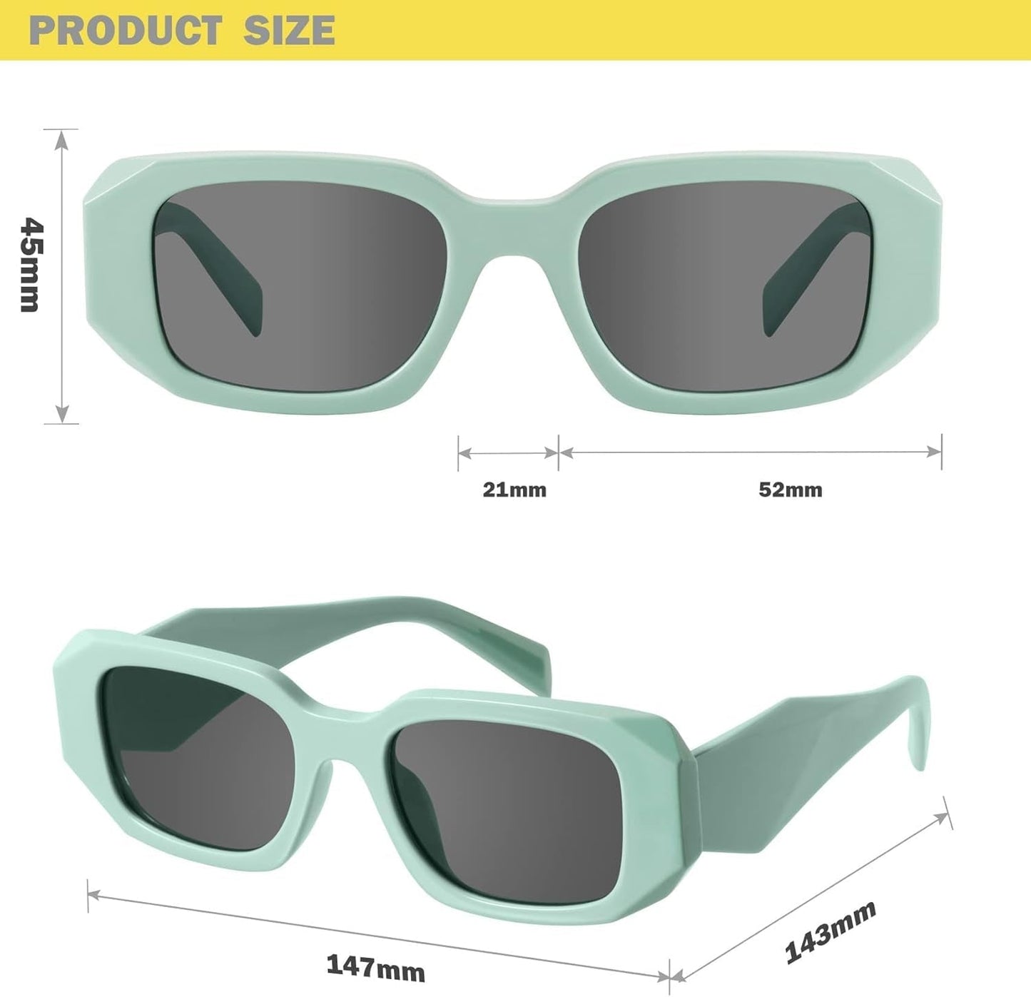 Trendy Rectangle Sunglasses for Women Men Light Green Avocado Vintage Retro Fashion Cool 90S Cute Funky Stylish Chunky Goulding - WORLD TIME VISITS