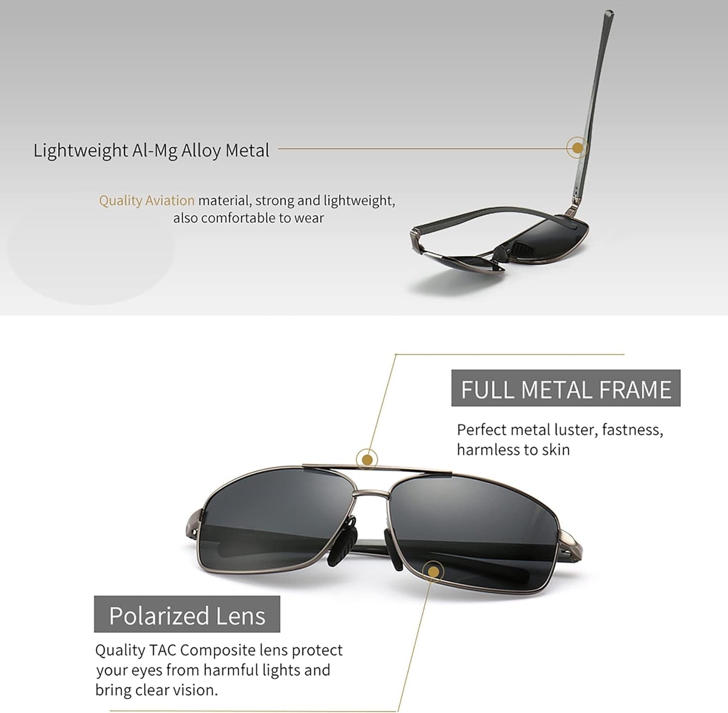 Ultra Lightweight Rectangular Polarized Sunglasses UV400 Protection - WORLD TIME VISITS