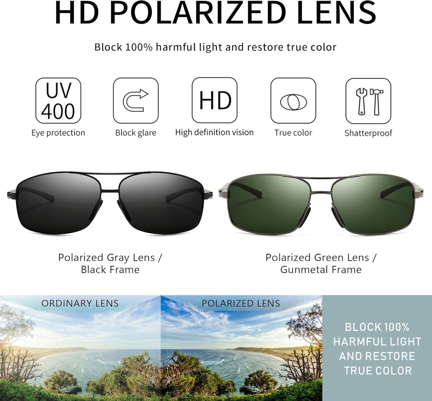Ultra Lightweight Rectangular Polarized Sunglasses UV400 Protection - WORLD TIME VISITS