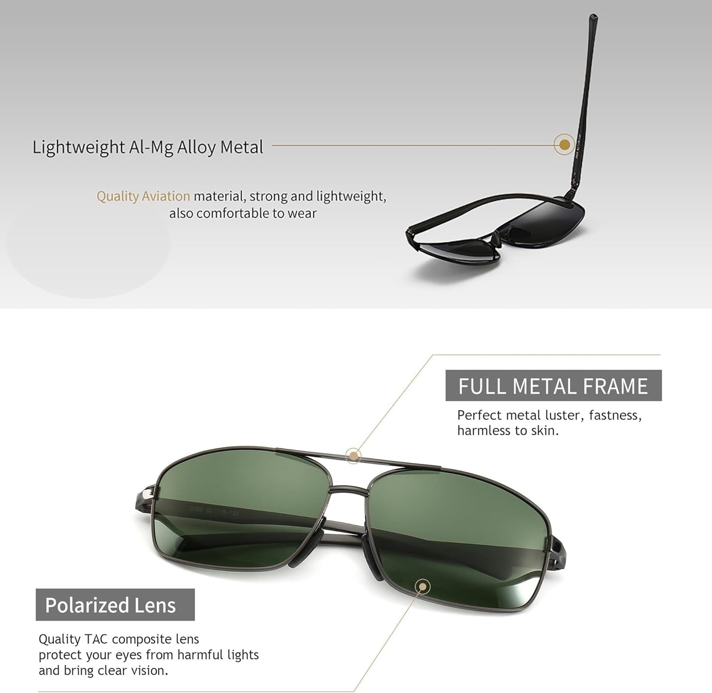 Ultra Lightweight Rectangular Polarized Sunglasses UV400 Protection - WORLD TIME VISITS