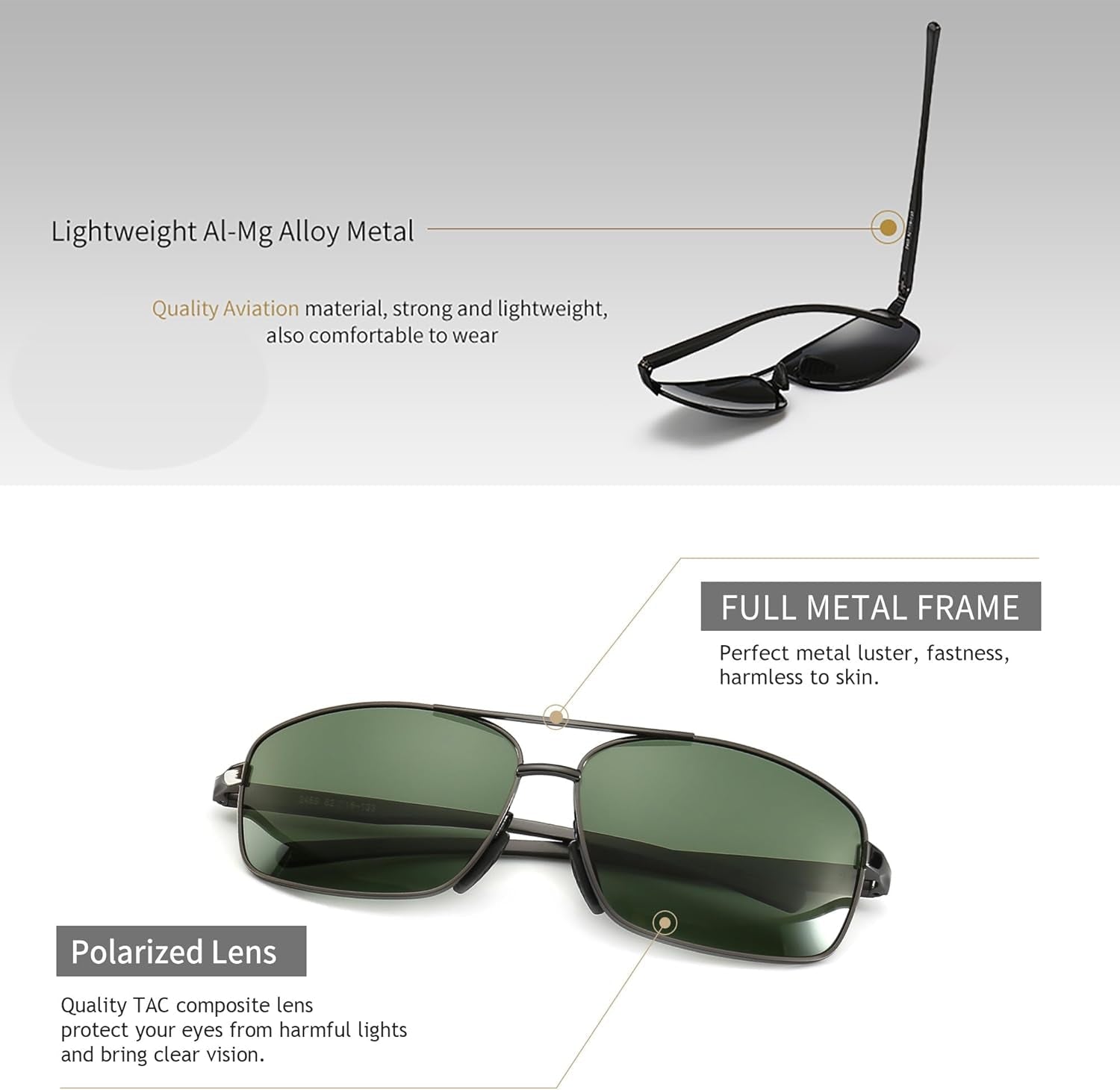 Ultra Lightweight Rectangular Polarized Sunglasses UV400 Protection - WORLD TIME VISITS