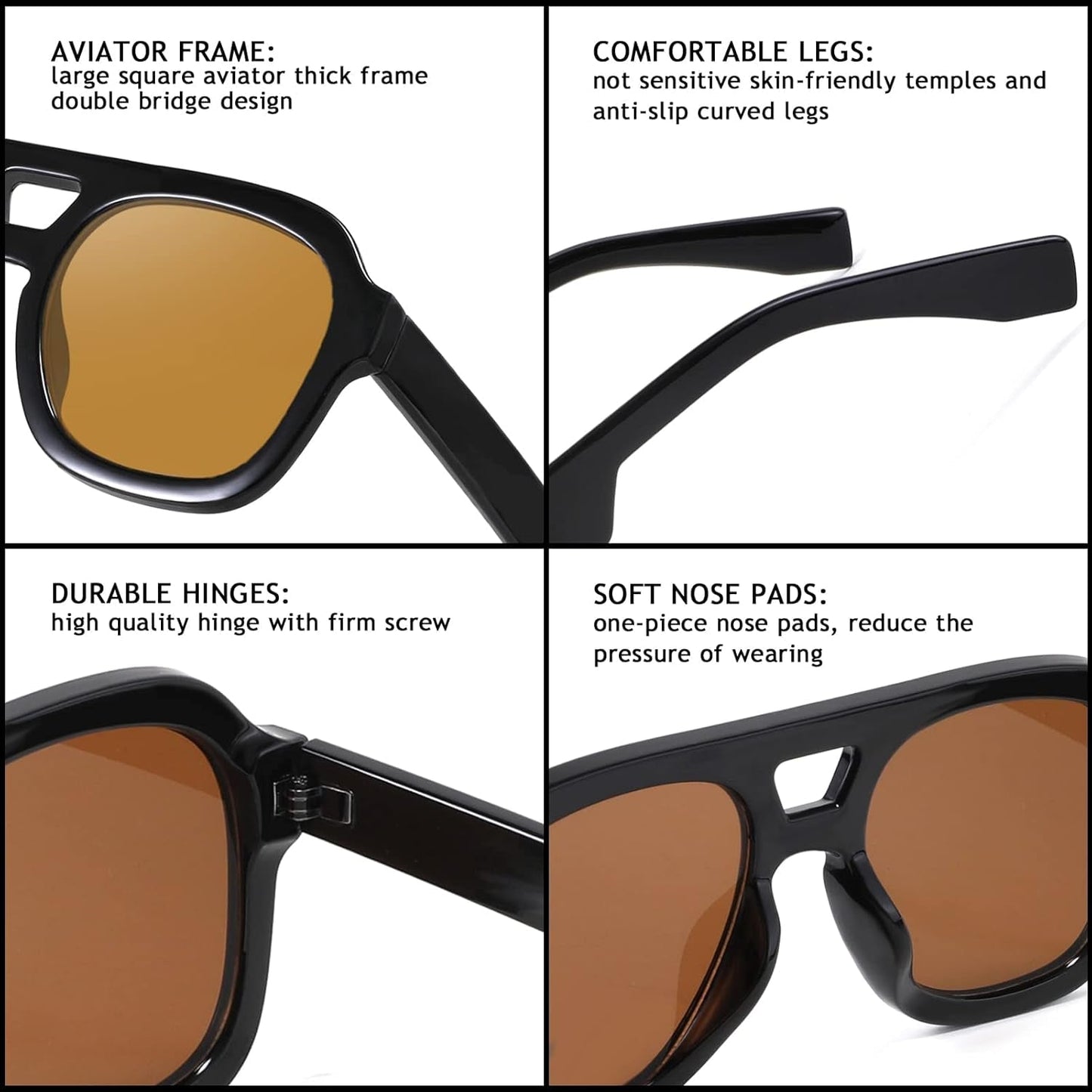 Vintage Aviator Sunglasses Double Bridge Women Men Large Square Thick Frame Trendy Eyewear UV400 B2846 - WORLD TIME VISITS
