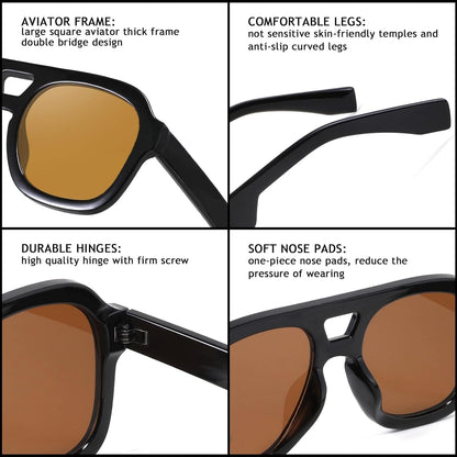 Vintage Aviator Sunglasses Double Bridge Women Men Large Square Thick Frame Trendy Eyewear UV400 B2846 - WORLD TIME VISITS