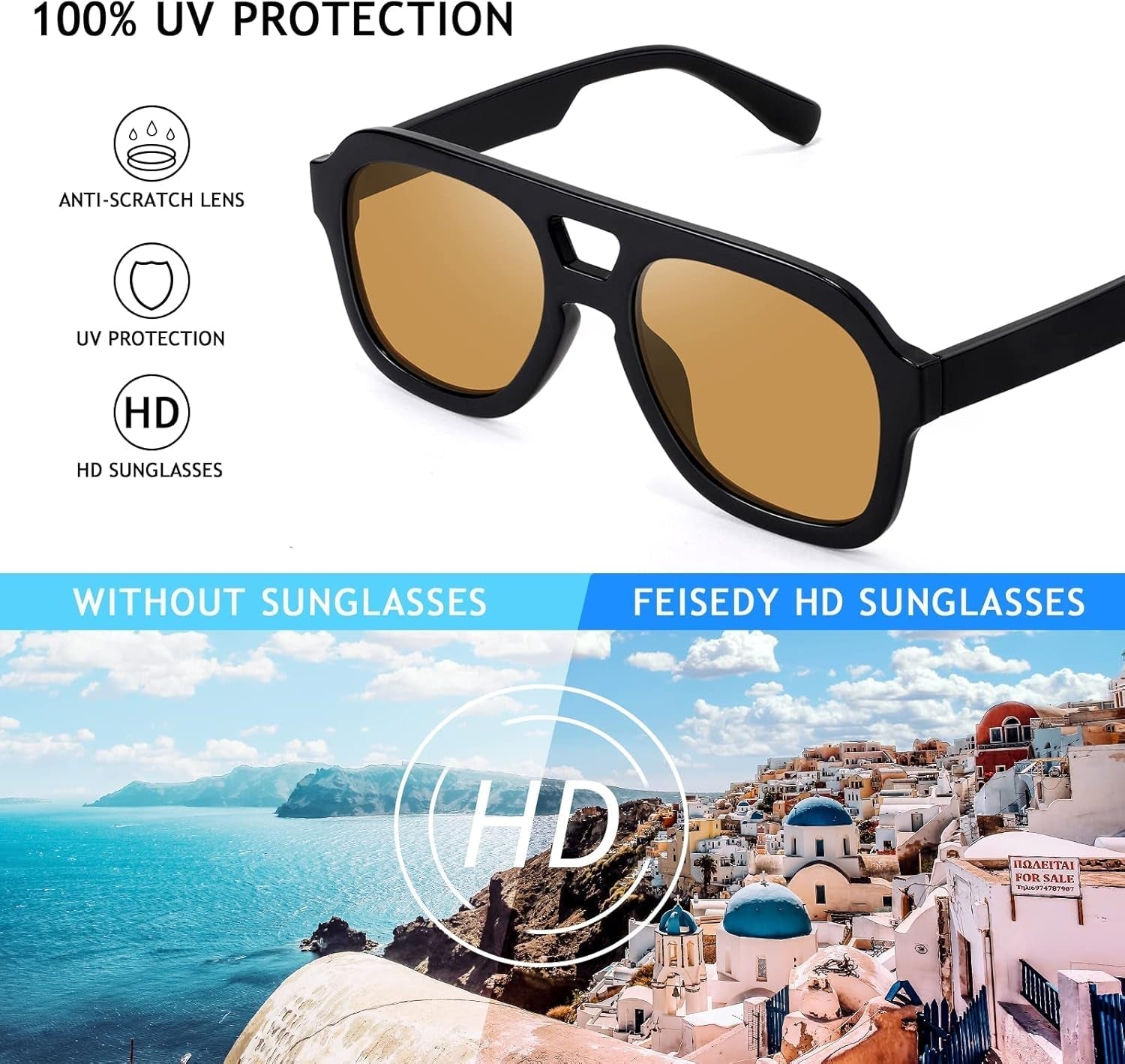 Vintage Aviator Sunglasses Double Bridge Women Men Large Square Thick Frame Trendy Eyewear UV400 B2846 - WORLD TIME VISITS
