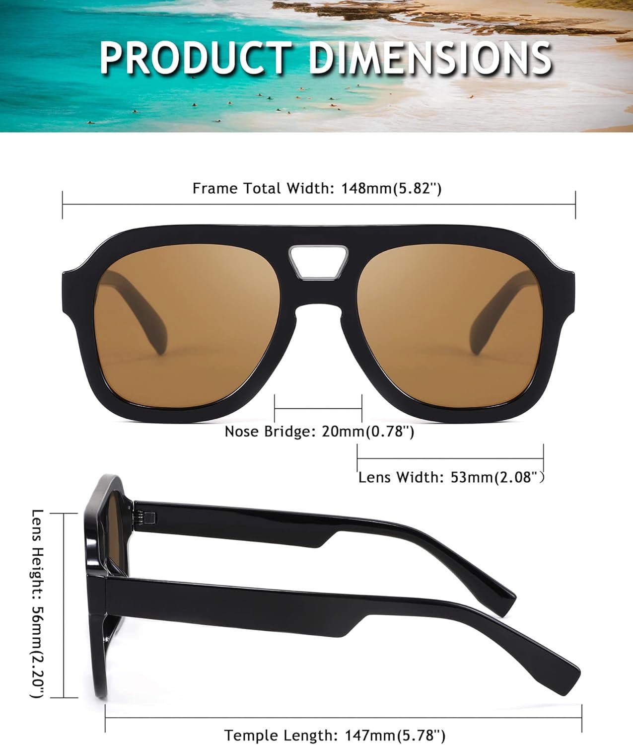 Vintage Aviator Sunglasses Double Bridge Women Men Large Square Thick Frame Trendy Eyewear UV400 B2846 - WORLD TIME VISITS